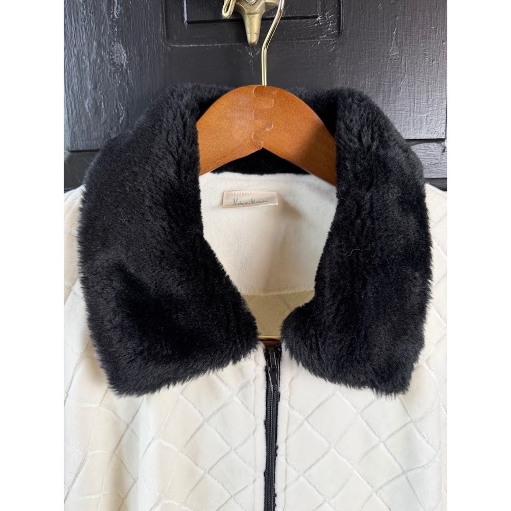 Neiman Marcus Cream Quilted Faux Fur Collar Drawstring Waist Zip Up Jacket L - Picture 3 of 12